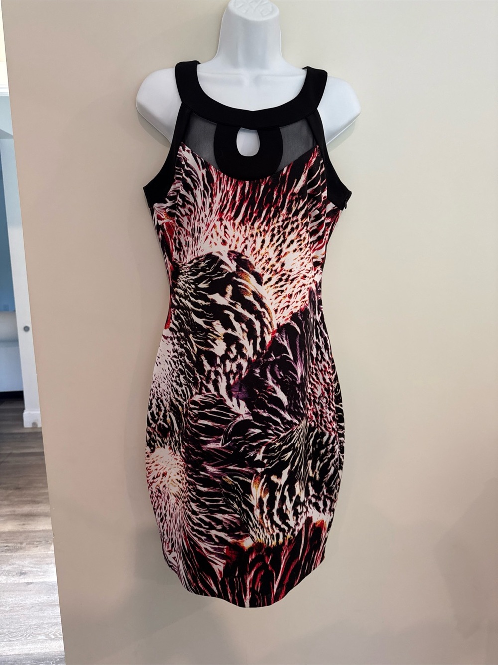Jax Black & Pink Mesh-Accent Printed Midi Dress